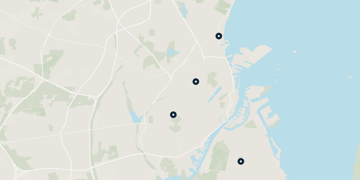 Map showing Fixera service coverage across Copenhagen, Frederiksberg, Nørrebro, Hellerup and Amager
